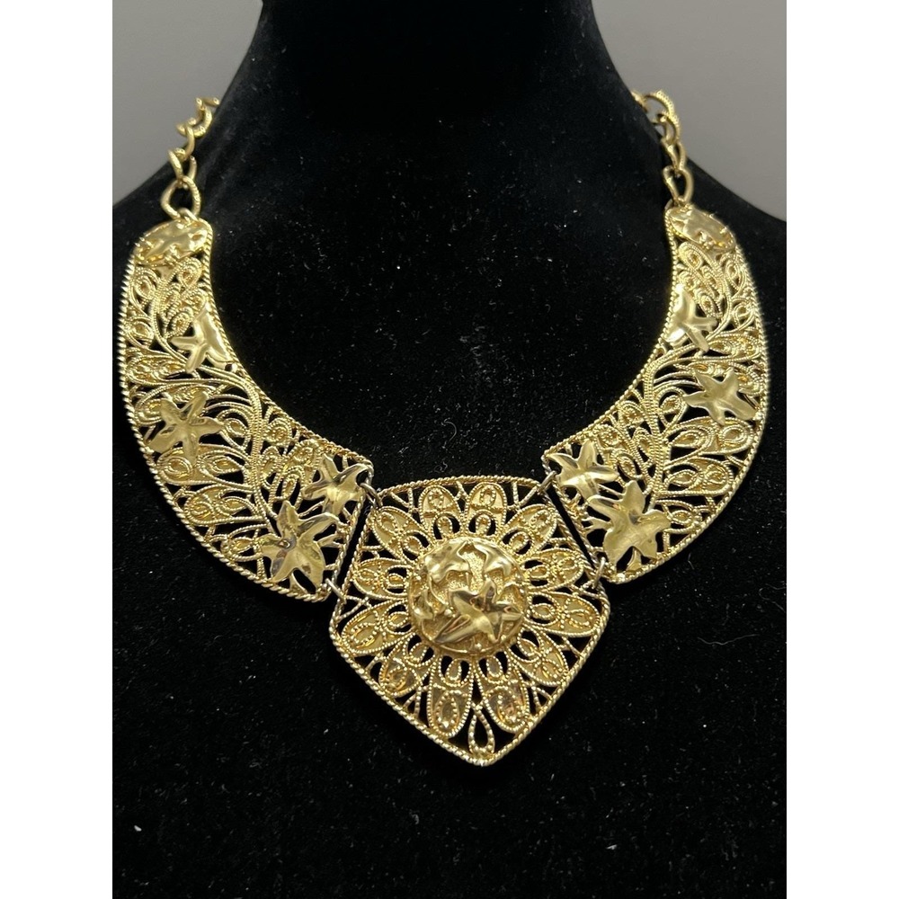 Jose Barrera Avon Gold Plated Filigree Floral Bib‎ Necklace 18-21" Cottagecore